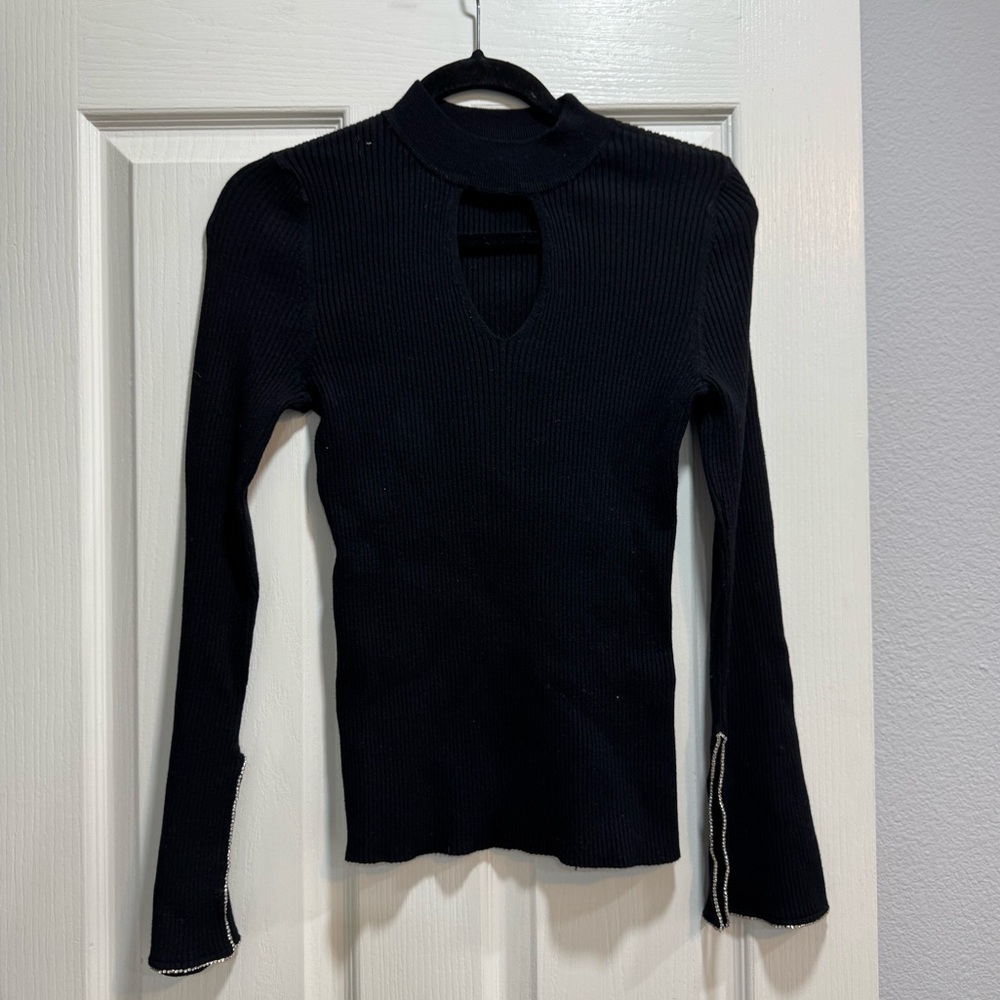 INC Black Ribbed Long Sleeve keyhole bedazzled rhinestone crystal sweater